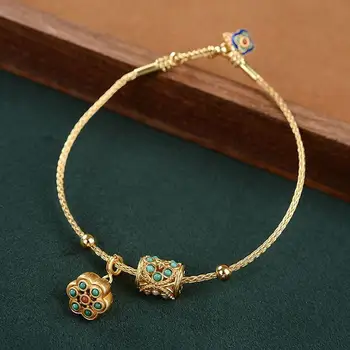 Drevni zlatno vještine optočena tirkizna lotos s podesivim браслетом temperament klasicni palača stare ženski nakit