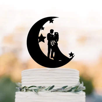 Topper za svadbena torta mladenka i mladoženja, Par s silueta Mjesec i zvijezde, smiješno topper za tortu, jedinstven i romantični topper za tortu,